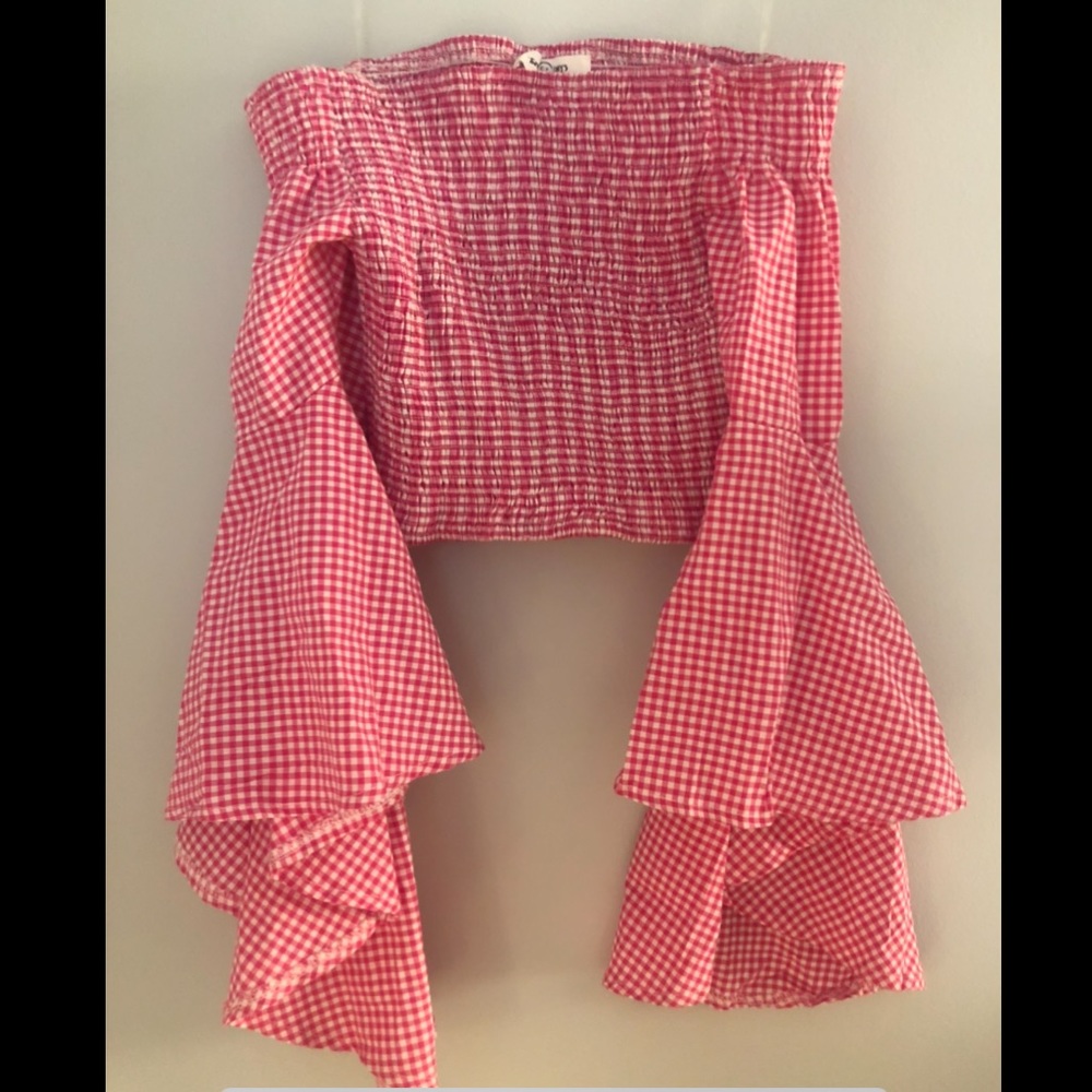 LF smocked gingham flutter sleeve top